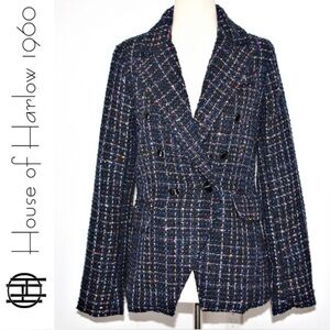 House of Harlow 1960 Double Breasted Shimmering Metallic Navy Tweed Blazer